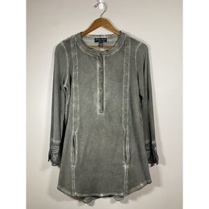 Gretty Zueger Tunic Women SMALL Washed Gray 1/2 Button Embroidered Mini Boho Top